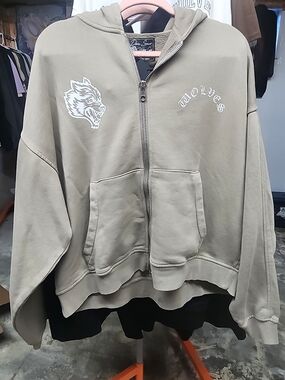 Darc Sport Wolves Vintage Taupe Zip-Up Hoodie with White Wolf Graphic